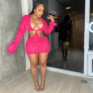 Pink Mini Dress Long Sleeve Cut Out With Ruffles